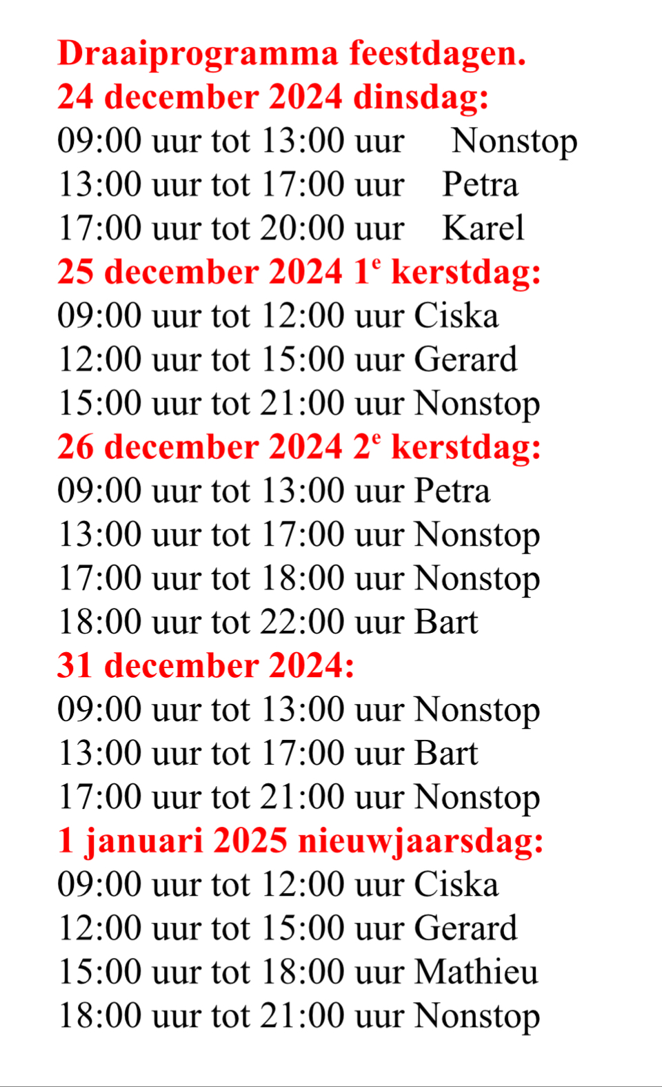 Mededelingsposter Draai schema feestdagen